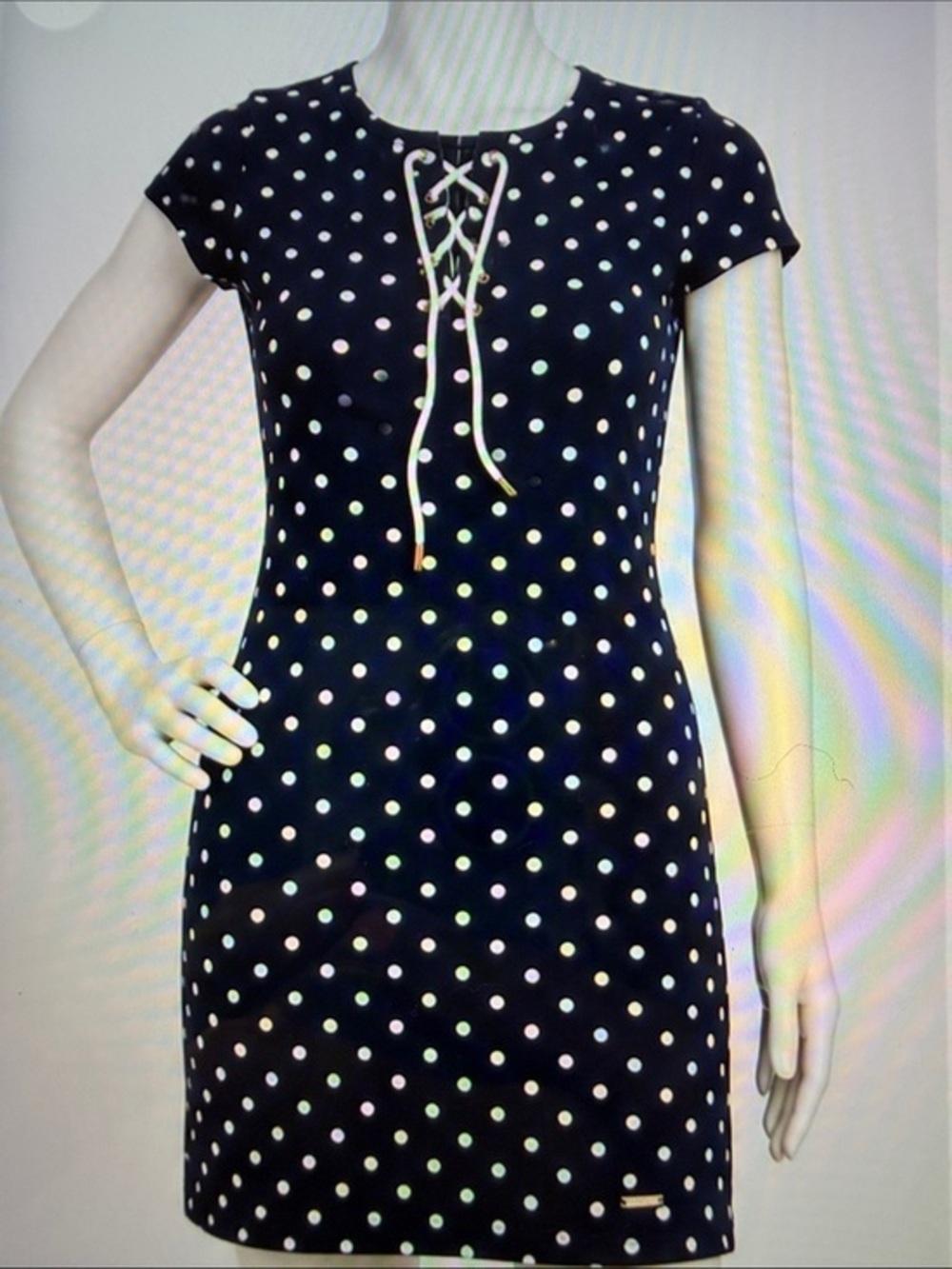 TOMMY HILFIGER, NAVY AND WHITE POLKADOT LACE UP T-SHIRT, DRESS SIZE SMALL